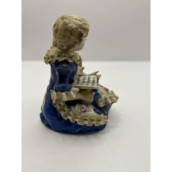 Vintage Wales Chinaware Girl In A Blue Dress Reading Made in Japan Gold Gilt - Picture 4 of 6